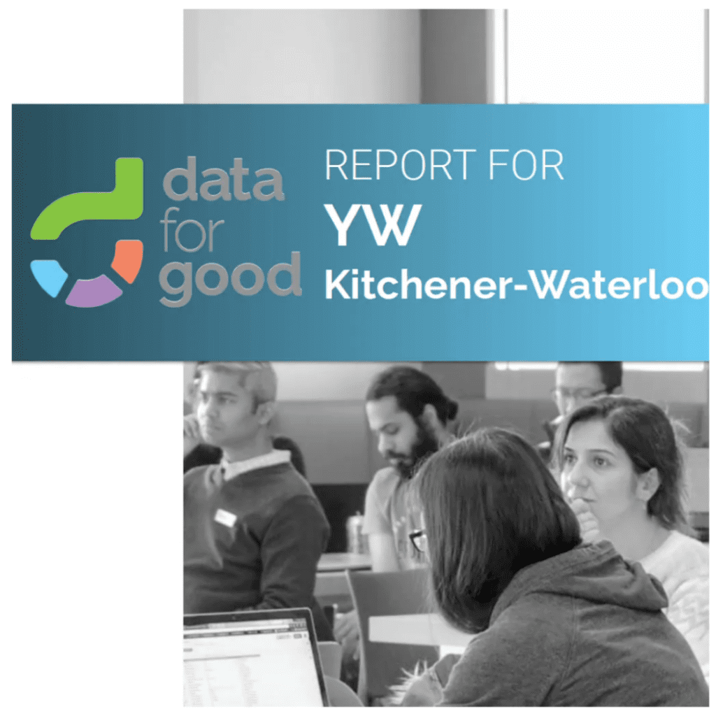 Data for Good logo and Report for YW Kitchener-Waterloo with black and white picture of people working