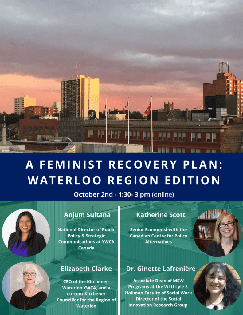 Feminist Economic Recovery poster with a sunset over a city and images of presenters Anjum Sultana, Katherine Scott, Elizabeth Clarke and Ginette Lafreneiere
