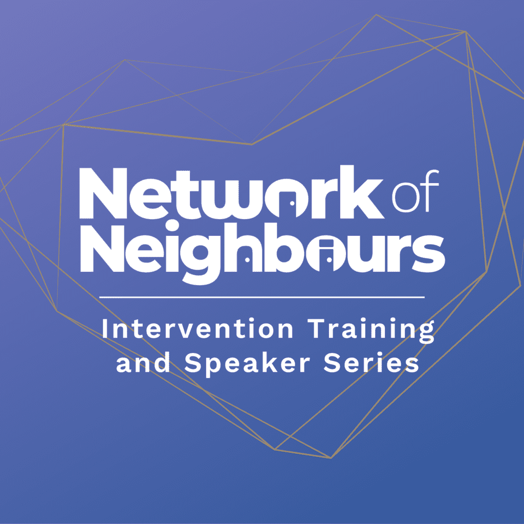 Network of Neighbours logo with doors in the H and O's of the word, bottom says intervention training and speaker series, gradiant purple background with a bunch of connected gold lines, showcasing one of the initiatives by this waterloo feminist group.