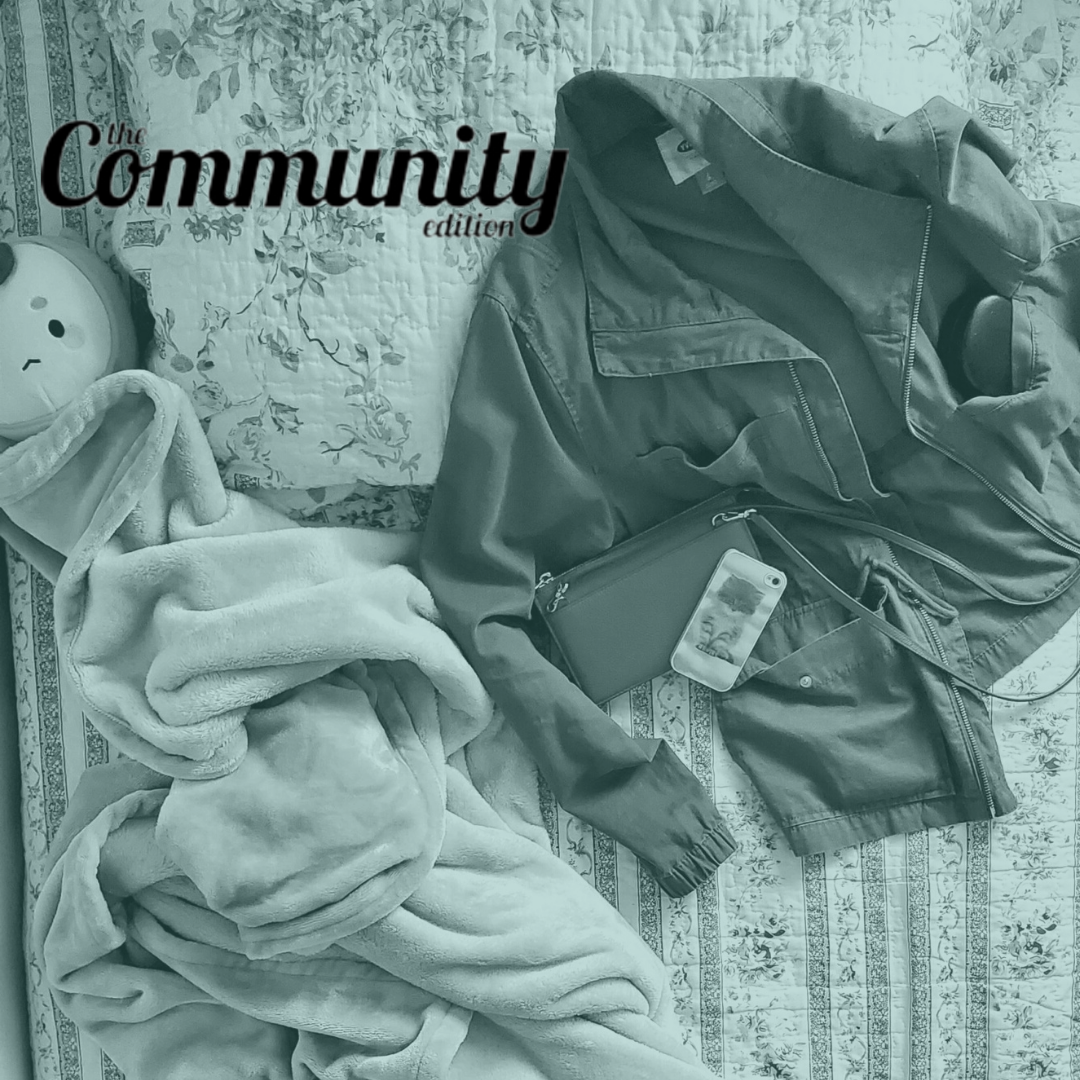 Image of a jacket and housecoat laying on a bed with a green overlay and The Community Edition logo in the top left corner