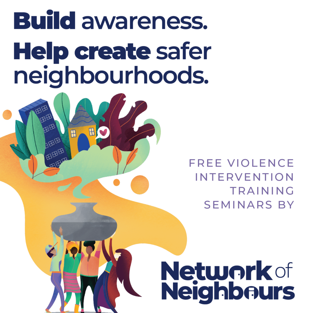 Illustration of people holding up a pot and flowing out of the pot is a neighbourhood. Caption says Build awareness Help create safer neighbourhoods
