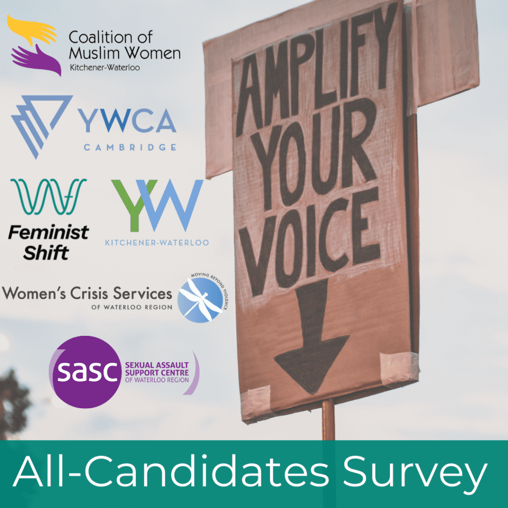 Picture of a sign that says amplify your voice with a bunch of logos representing waterloo feminist groups, and the bottom reads All-Candidates Survey