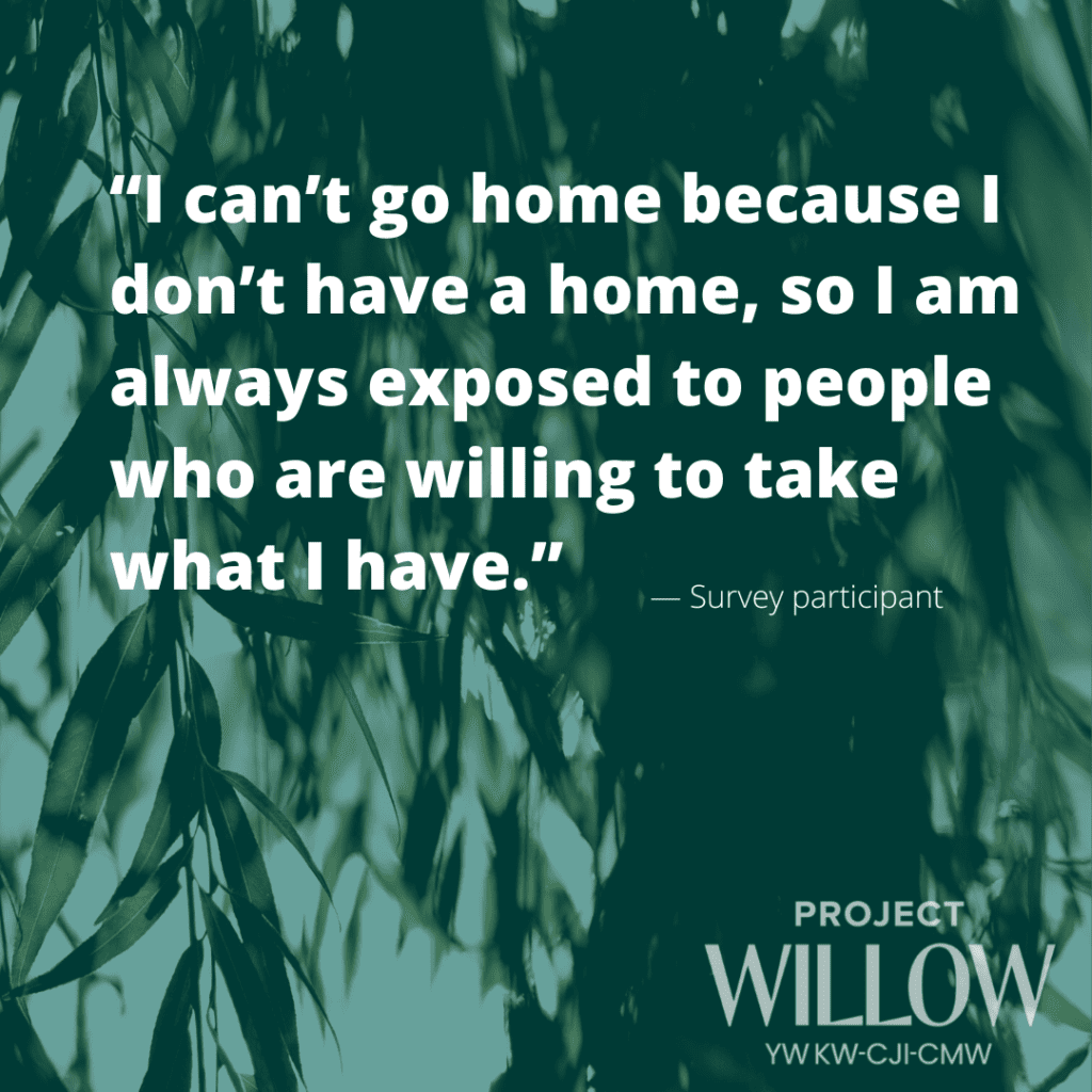 “I can’t go home because I don’t have a home, so I am always exposed to people who are willing to take what I have.” — Survey participant