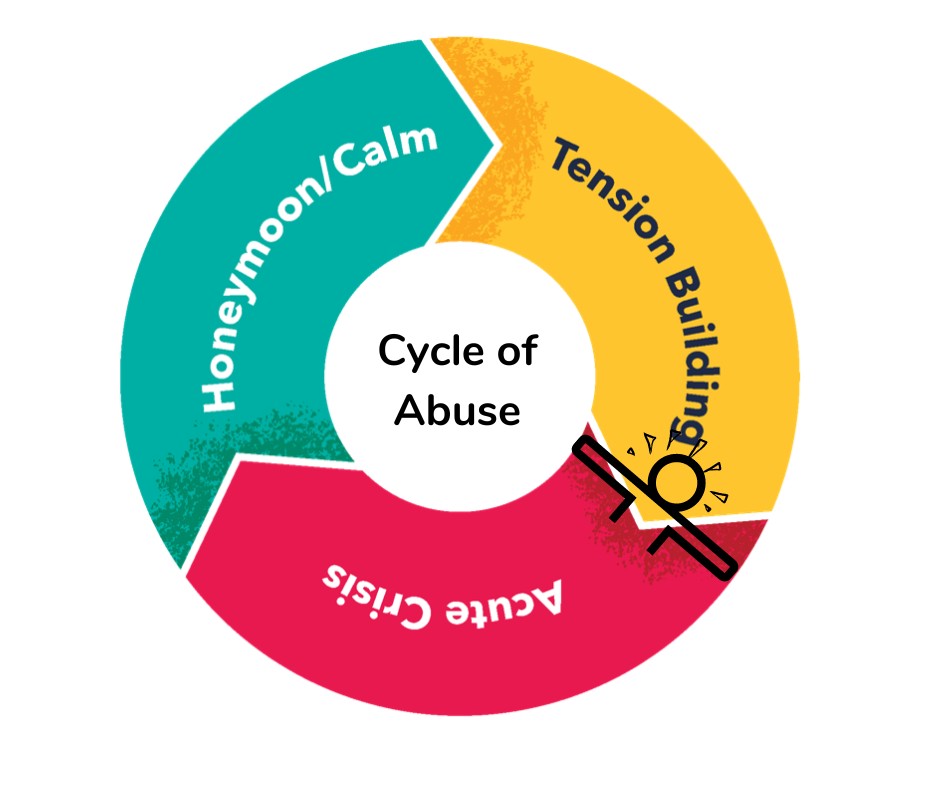Wheel for cycle of abuse, green honeymoon/calm, yellow tension building, and red acute crisis, representing gender-based violence examples.